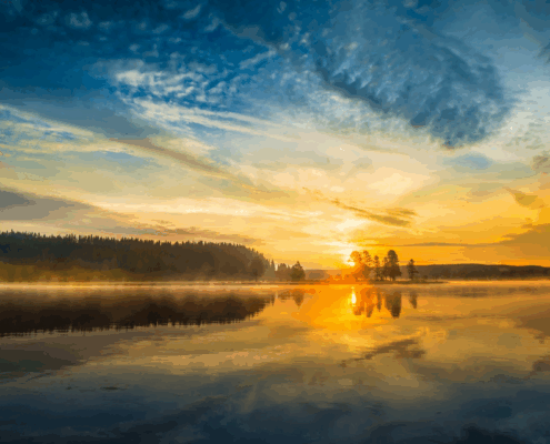 Golden sunrise reflected on a calm lake surrounded by pine trees, showcasing peaceful scenery in Yellowstone National Park.