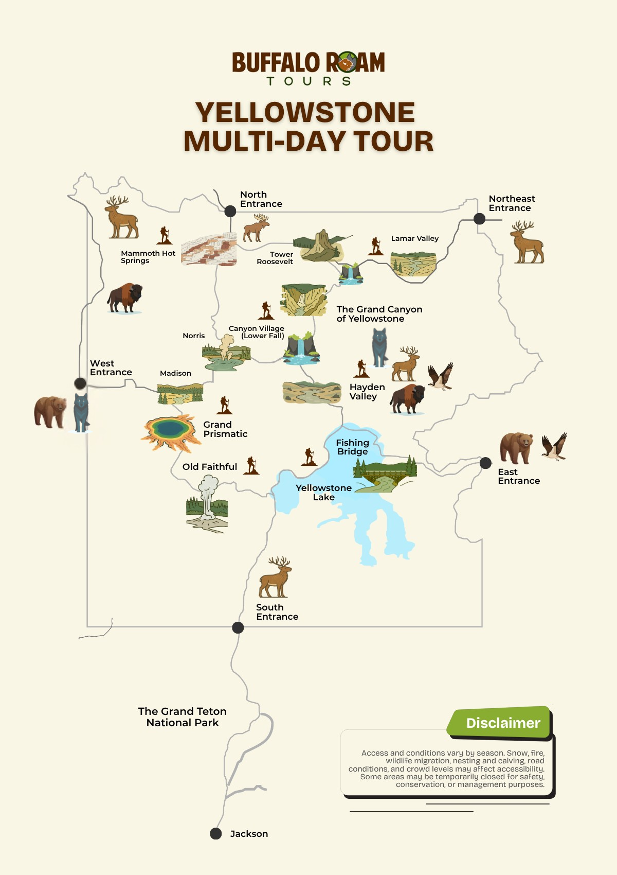 Illustrated map of Yellowstone National Park showing multi-day tour route, Lamar Valley, Hayden Valley, Grand Canyon of Yellowstone, and major park entrances for guided tours