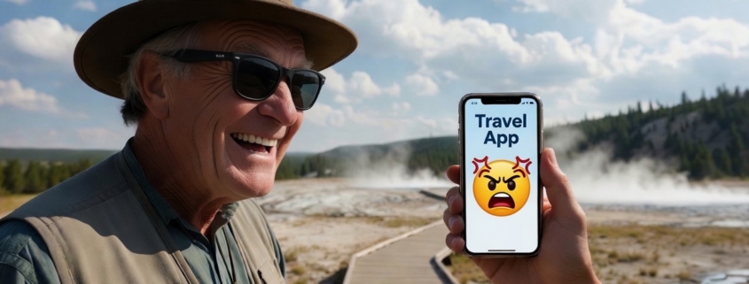 Yellowstone tour guide reacting to travel app near geothermal boardwalk in Yellowstone National Park during guided wildlife tour comparison blog