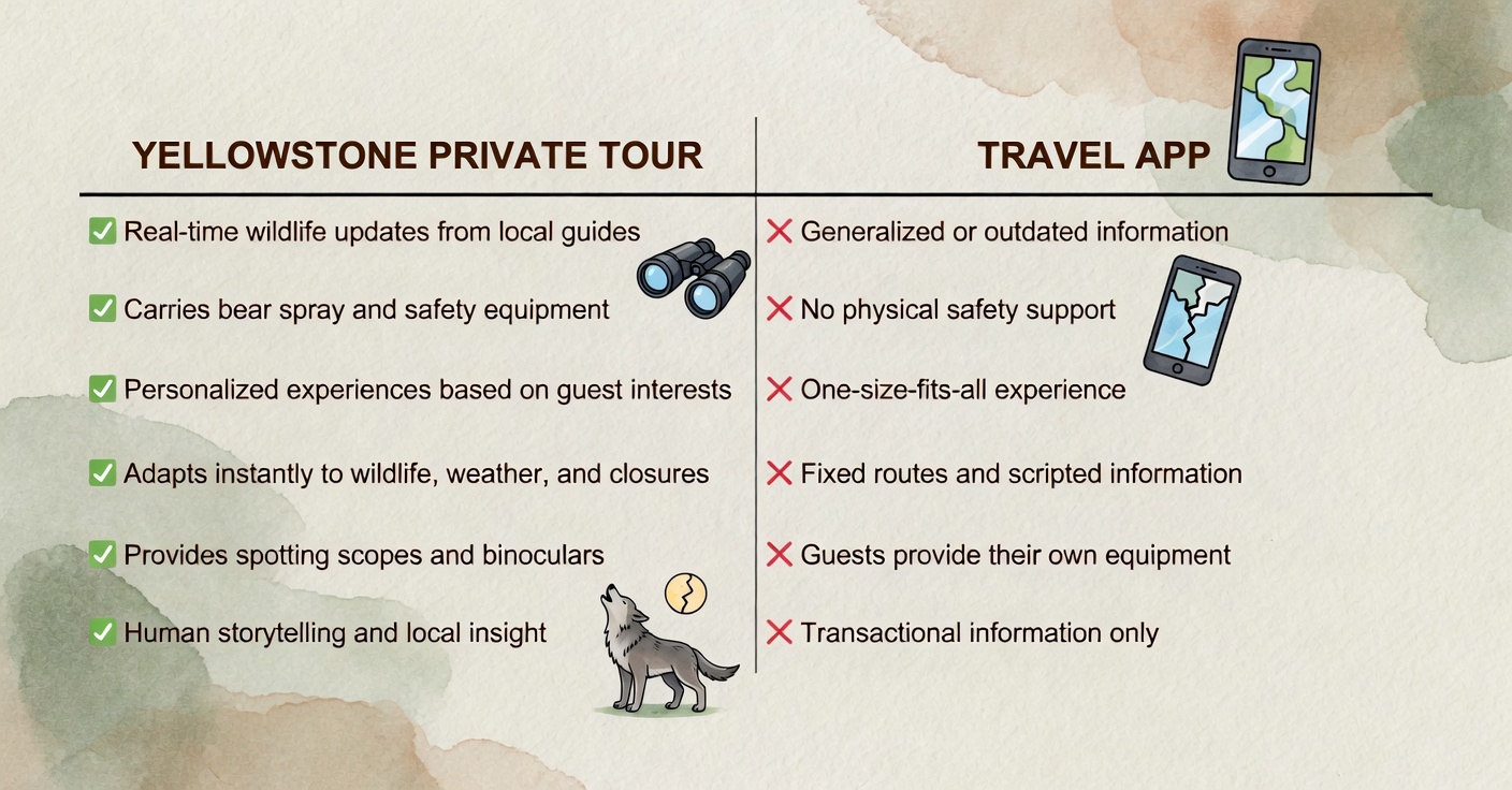 Comparison chart showing the difference between Yellowstone private tours and travel apps, including wildlife tracking, safety equipment, personalized experiences, binoculars, and local guide expertise in Yellowstone National Park.