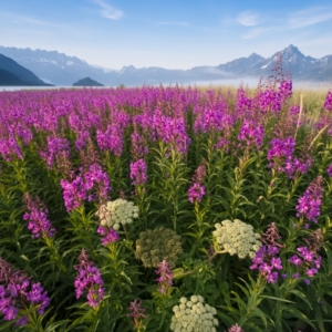 Purple summer wildflowers blooming in a meadow with mountains in Grand Teton National Park